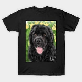 Happy Newfoundland Dog with Yellow Flowers T-Shirt